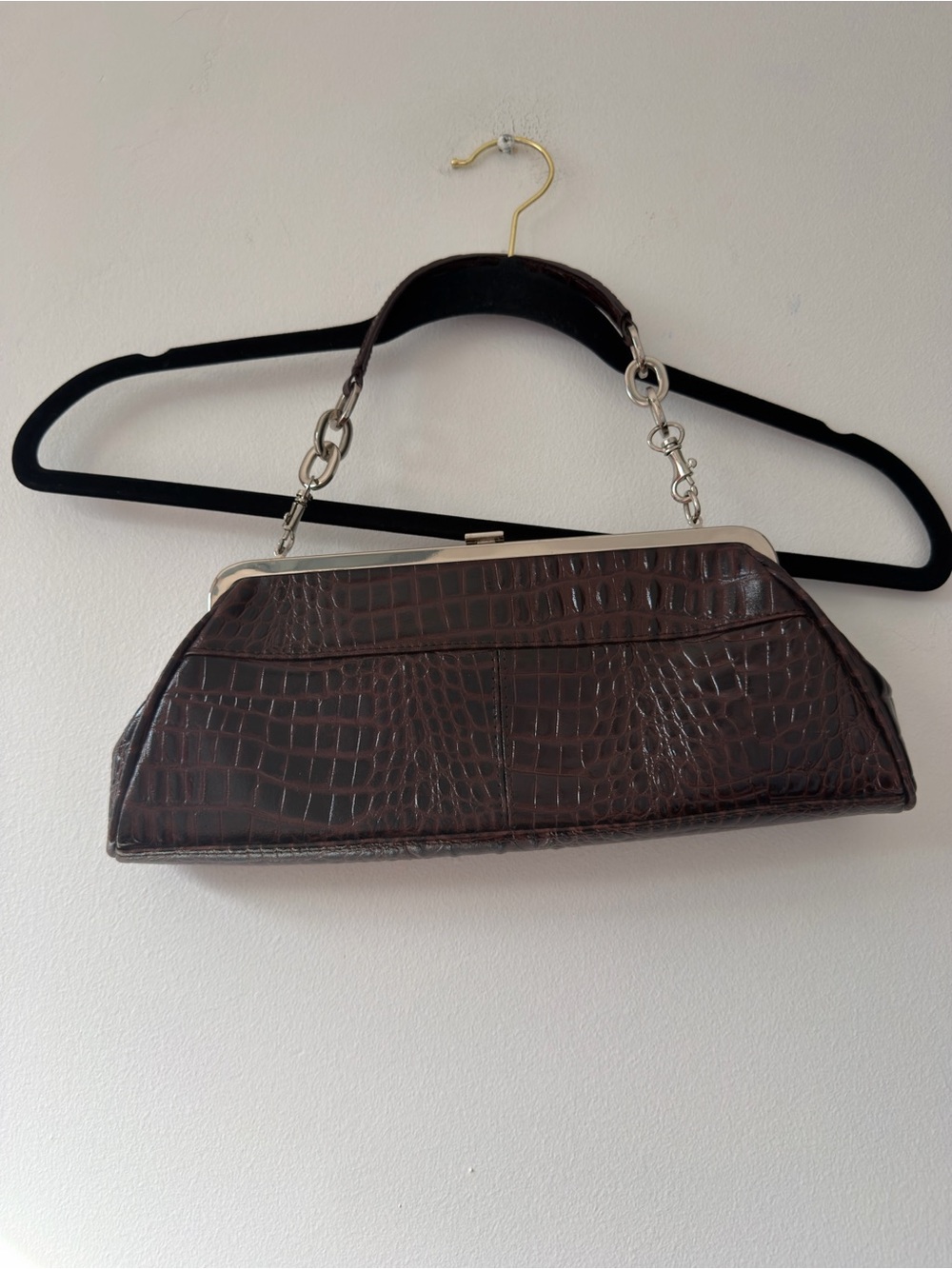 Apostrophe Dark Brown Croc-Embossed Top-Handle Clutch